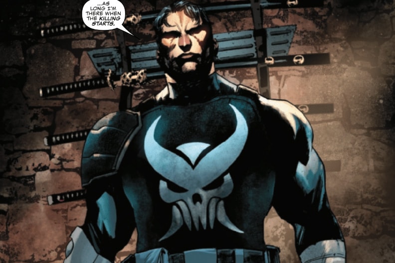 Marvel did NOT abandon the Punisher skull. Frank merely changed his costume  to reflect his different state of mind in this story. Here is Ares (in the  original skull) mourning the Frank