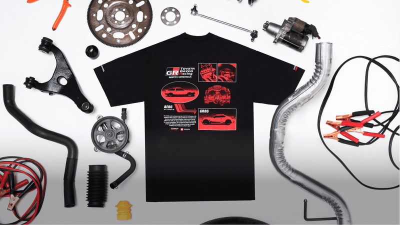 Toyota GR86’s Limited-Edition HYPEBEAST Car Club T-Shirt Racing Legacy AE86 2022 GR86 Race Car Driving On-Track Racing Japan Drift Scene Drifting Enthusiasts Merch Apparel Limited-Edition Exclusive Keiichi Tsuchiya Four-Cylinder Engine Custom-Designed Graphic Overlays Toyota Red Black White G Mesh