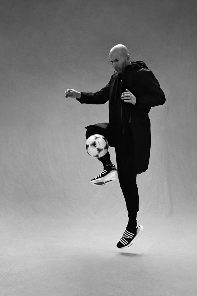 Zinedine Zidane Y-3 20th Anniversary Campaign 20 years recoded yohji yamamoto y-3 adidas ultraboost 22 puffer trenchcoat hoodies greatest elegance black and white still images film release info online