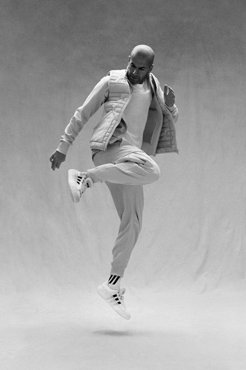 Zinedine Zidane Y-3 20th Anniversary Campaign 20 years recoded yohji yamamoto y-3 adidas ultraboost 22 puffer trenchcoat hoodies greatest elegance black and white still images film release info online