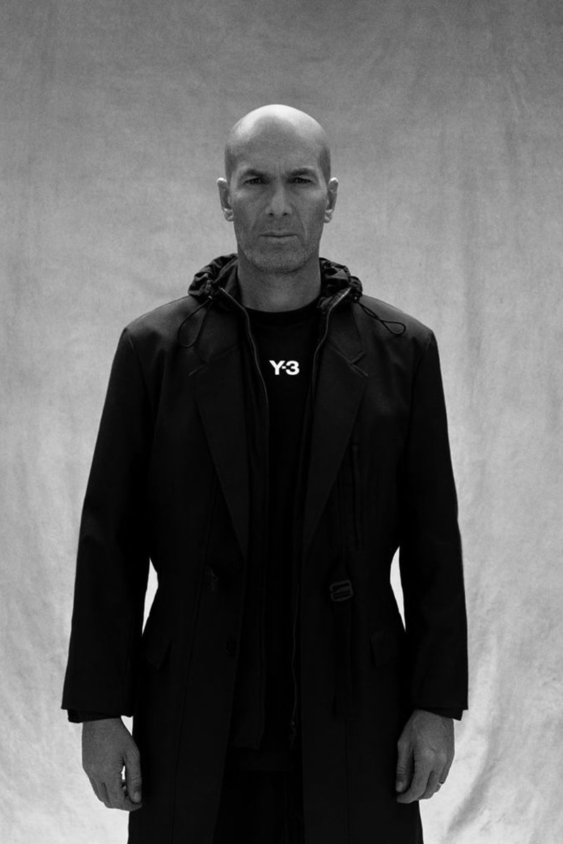 Zinedine Zidane Y-3 20th Anniversary Campaign 20 years recoded yohji yamamoto y-3 adidas ultraboost 22 puffer trenchcoat hoodies greatest elegance black and white still images film release info online