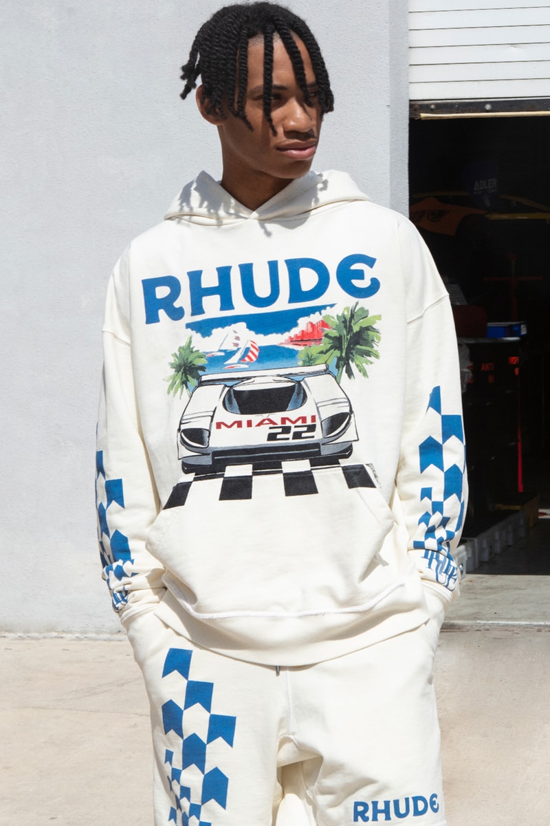 Rhude x The Webster Capsule Miami Grand Prix Formula 1 Tamiya Motor Car Toys South Beach Rhugi Villaseñor Jackets T-Shirts Hoodies Swim Trunks Hat Graphic Embroidery Check Motif Checker Skyline Beachside Themes Blue White Rhude Racing Hat Grand Prix Varsity Jacket Ribbed Cuff Hem Front Back Panels Cobalt 11-Piece Capsule Vibrant Hues Racing Legacy Circuit