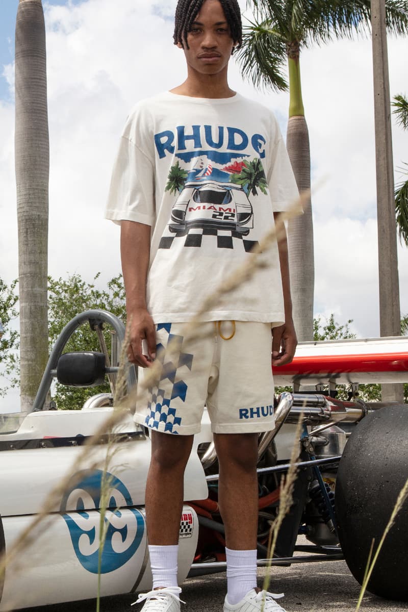 Rhude x The Webster Capsule Miami Grand Prix Formula 1 Tamiya Motor Car Toys South Beach Rhugi Villaseñor Jackets T-Shirts Hoodies Swim Trunks Hat Graphic Embroidery Check Motif Checker Skyline Beachside Themes Blue White Rhude Racing Hat Grand Prix Varsity Jacket Ribbed Cuff Hem Front Back Panels Cobalt 11-Piece Capsule Vibrant Hues Racing Legacy Circuit