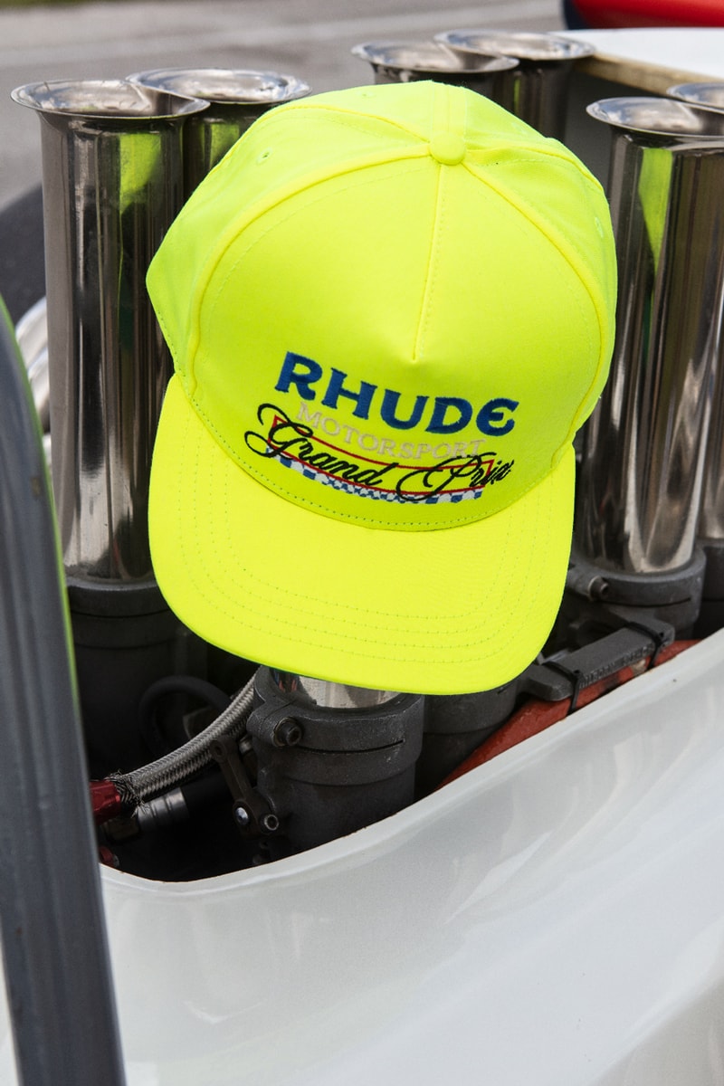 Rhude x The Webster Capsule Miami Grand Prix Formula 1 Tamiya Motor Car Toys South Beach Rhugi Villaseñor Jackets T-Shirts Hoodies Swim Trunks Hat Graphic Embroidery Check Motif Checker Skyline Beachside Themes Blue White Rhude Racing Hat Grand Prix Varsity Jacket Ribbed Cuff Hem Front Back Panels Cobalt 11-Piece Capsule Vibrant Hues Racing Legacy Circuit