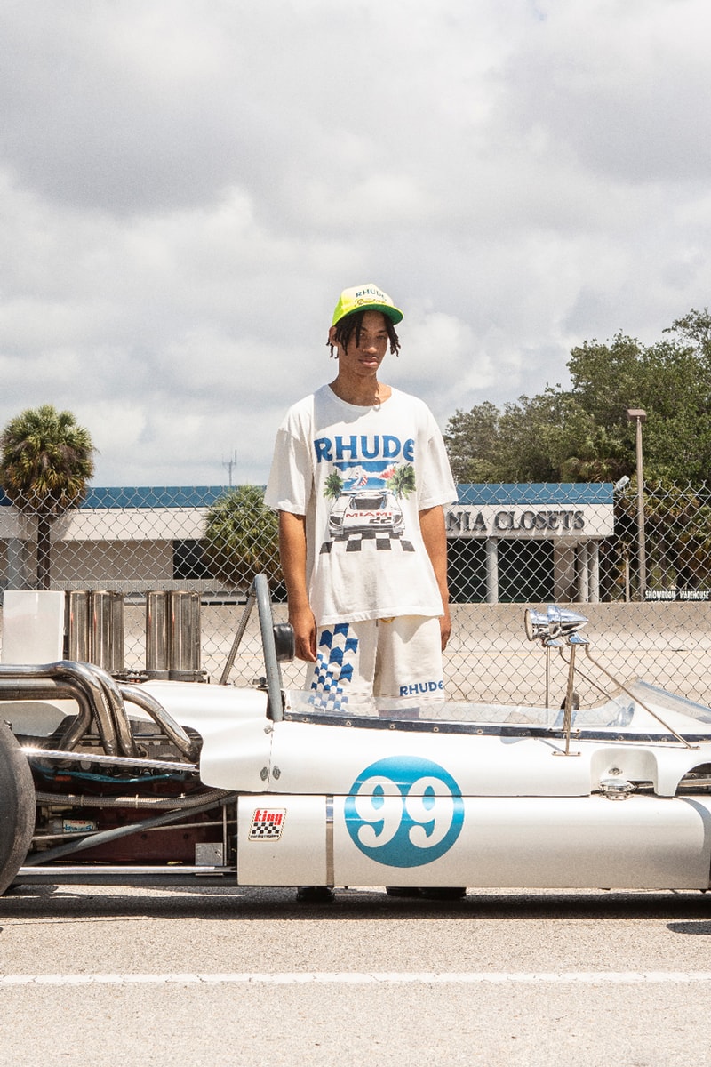 Rhude x The Webster Capsule Miami Grand Prix Formula 1 Tamiya Motor Car Toys South Beach Rhugi Villaseñor Jackets T-Shirts Hoodies Swim Trunks Hat Graphic Embroidery Check Motif Checker Skyline Beachside Themes Blue White Rhude Racing Hat Grand Prix Varsity Jacket Ribbed Cuff Hem Front Back Panels Cobalt 11-Piece Capsule Vibrant Hues Racing Legacy Circuit