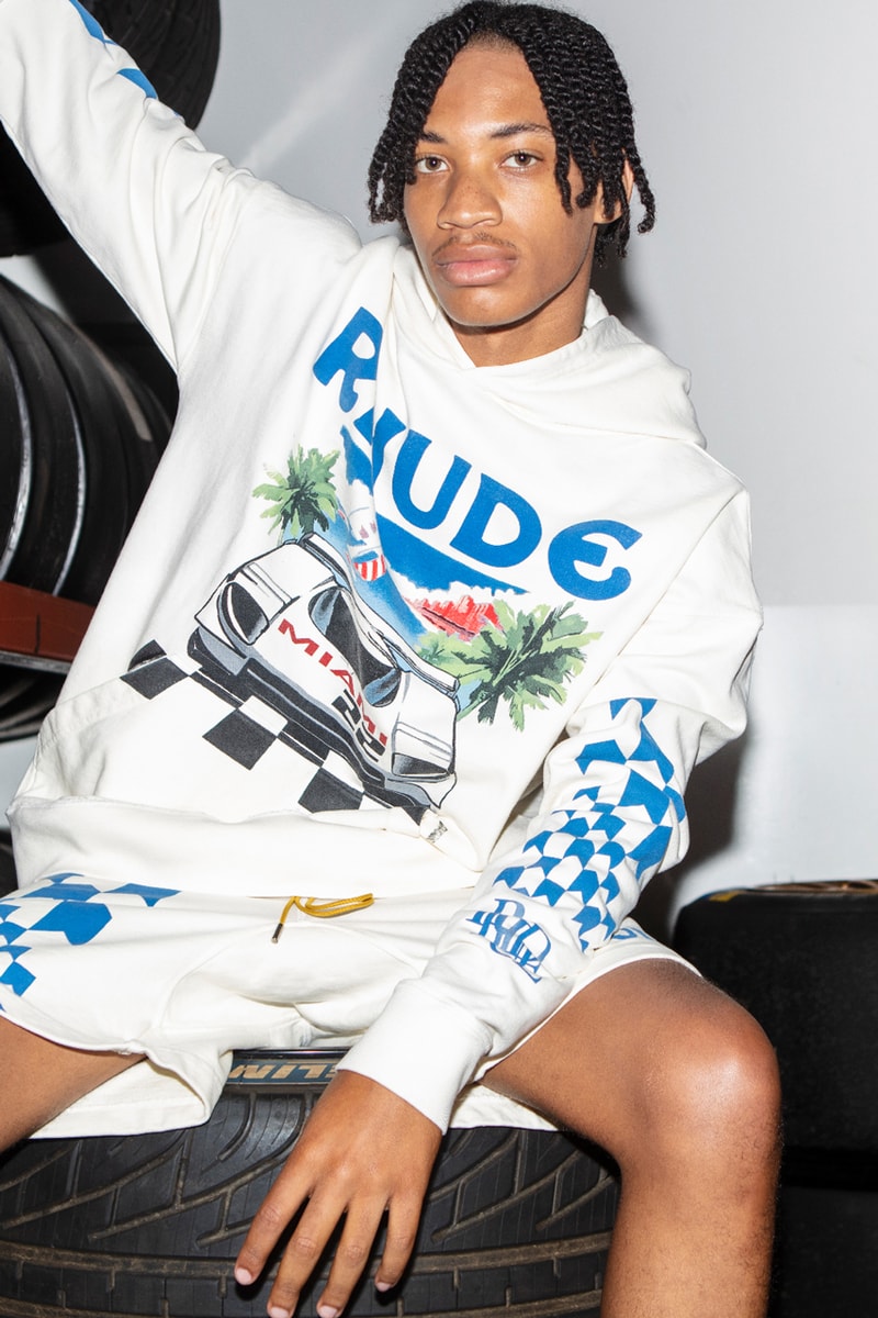 Rhude x The Webster Capsule Miami Grand Prix Formula 1 Tamiya Motor Car Toys South Beach Rhugi Villaseñor Jackets T-Shirts Hoodies Swim Trunks Hat Graphic Embroidery Check Motif Checker Skyline Beachside Themes Blue White Rhude Racing Hat Grand Prix Varsity Jacket Ribbed Cuff Hem Front Back Panels Cobalt 11-Piece Capsule Vibrant Hues Racing Legacy Circuit
