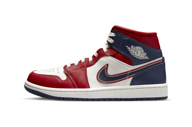 Air Jordan 1 Mid SE USA dq7648 600 red blue white contrast stitch leather midnight navy gym red sail $135 usd release info date price 