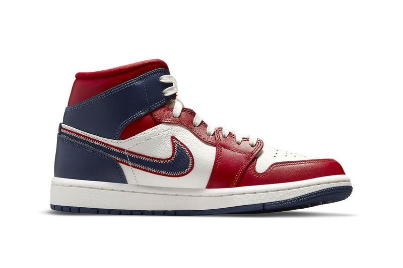 Air Jordan 1 Mid SE USA dq7648 600 red blue white contrast stitch leather midnight navy gym red sail $135 usd release info date price 