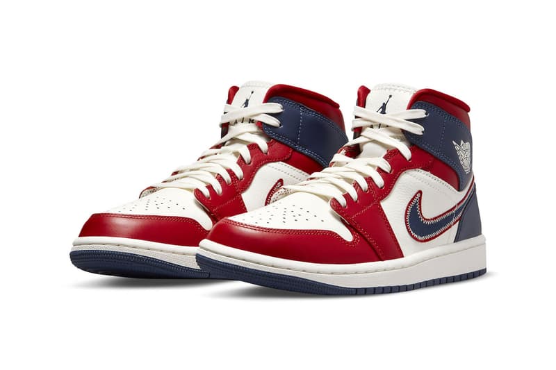 Air Jordan 1 Mid SE USA dq7648 600 red blue white contrast stitch leather midnight navy gym red sail $135 usd release info date price 