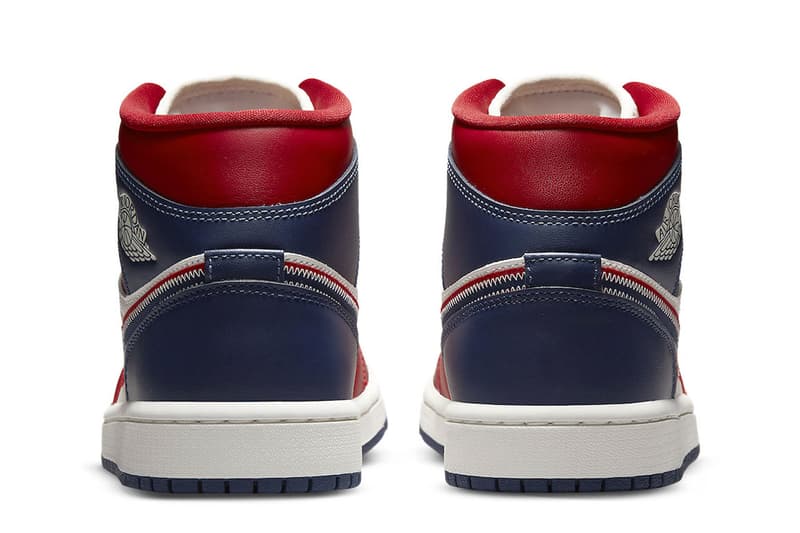 Air Jordan 1 Mid SE USA dq7648 600 red blue white contrast stitch leather midnight navy gym red sail $135 usd release info date price 