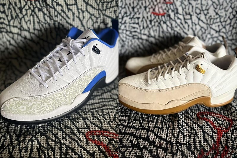 white and navy blue jordan 12