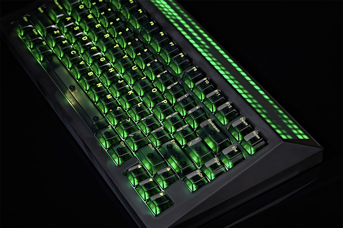 angry miao custom built keyboard kiwi tkc switches cyberboard terminal led panel digital rain the matrix 