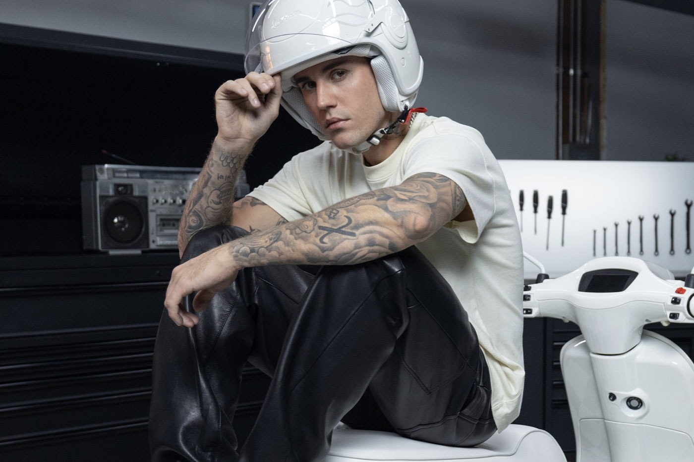 Justin Bieber and Vespa Unveils New Collaborative Model Designed by the Singer peaches justice pop culture giorgio arman chrisian dior sean wotherspon europe moped 