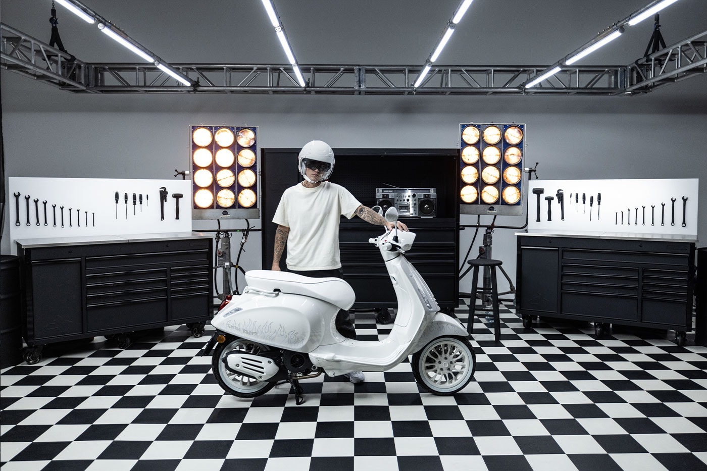 Justin Bieber and Vespa Unveils New Collaborative Model Designed by the Singer peaches justice pop culture giorgio arman chrisian dior sean wotherspon europe moped 