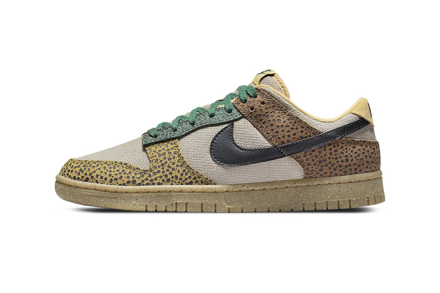 Nike Dunk Low Safari dx2654 200 cheetah print canvas leather green yellow brown black grind sole release info date price official images