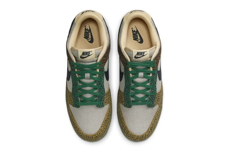 Nike Dunk Low Safari dx2654 200 cheetah print canvas leather green yellow brown black grind sole release info date price official images