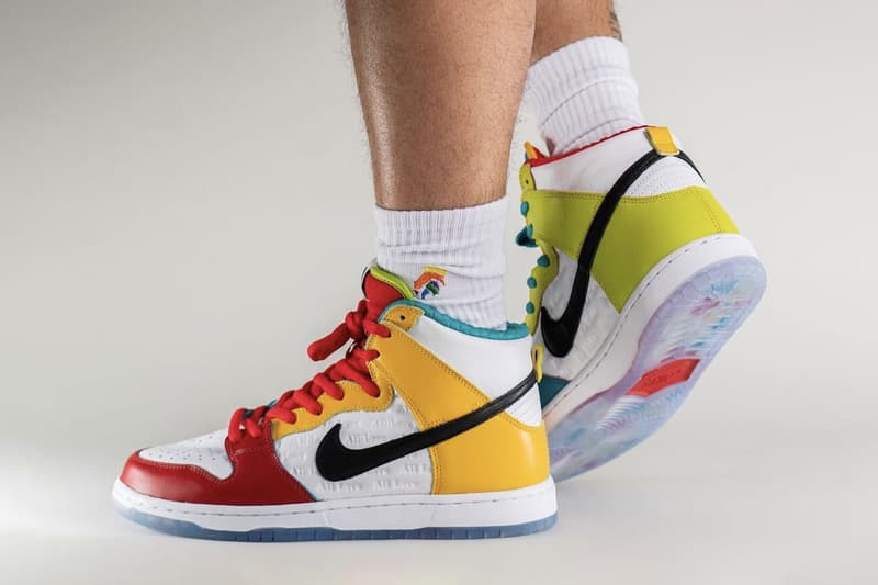 On-Foot Look at the FroSkate x Nike SB Dunk High DH7778-100 release info all love no hate multicolored bipoc transgender gay lgbtq queer non conforming gender