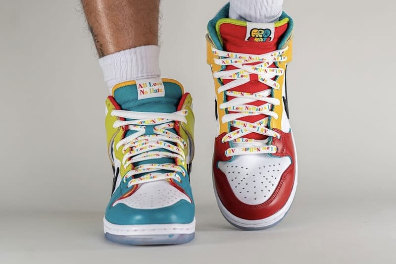 On-Foot Look at the FroSkate x Nike SB Dunk High DH7778-100 release info all love no hate multicolored bipoc transgender gay lgbtq queer non conforming gender