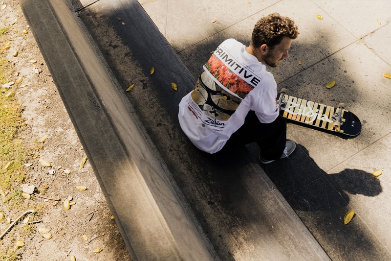 Primitive Skateboards collaboration zildjian cymbals graphic tees premium fleece hoodies headwear shimmer foil skateboard deck release info date price