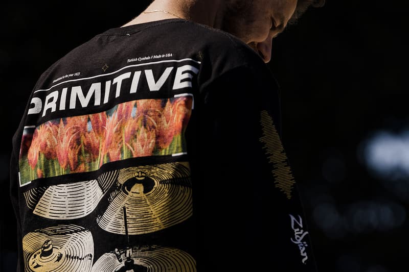 Primitive Skateboards collaboration zildjian cymbals graphic tees premium fleece hoodies headwear shimmer foil skateboard deck release info date price