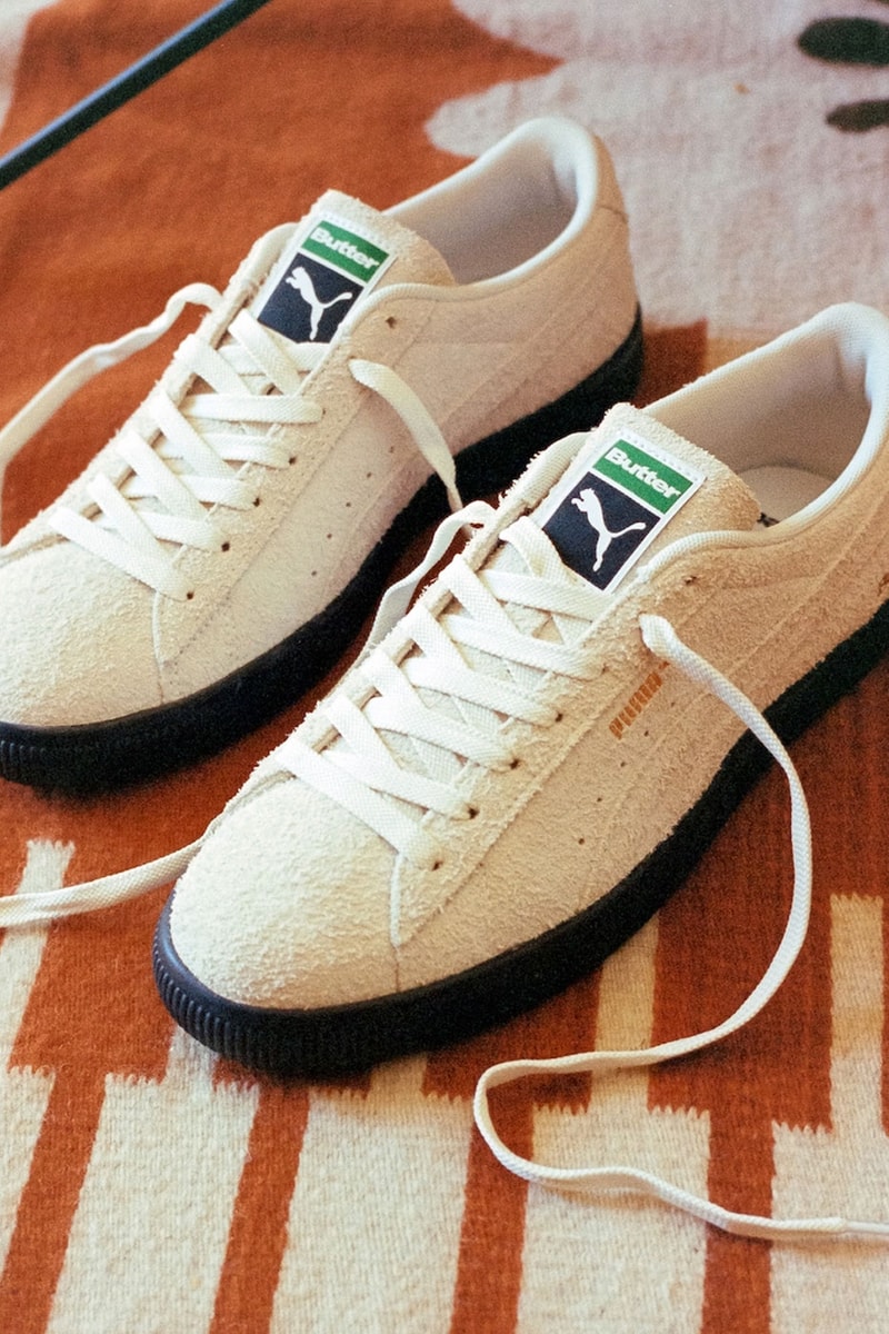 Puma Butter Goods slipstream Lo suede vtg 90s skateboarding music tote bucket hat half zip sweaters release info date price 