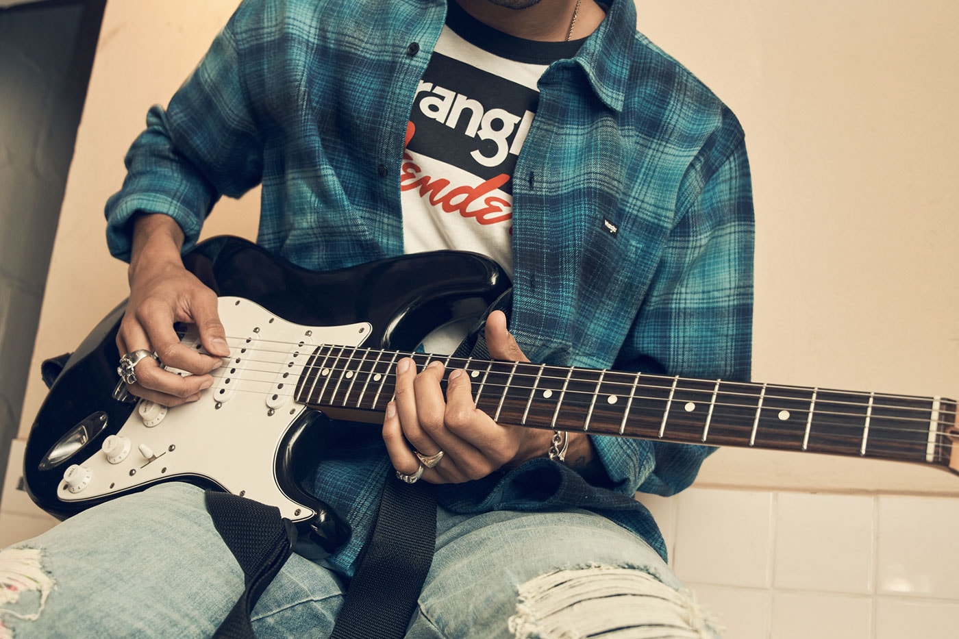Wrangler Fender collab collection guitar denim graphic t shirt jacket release info date price 