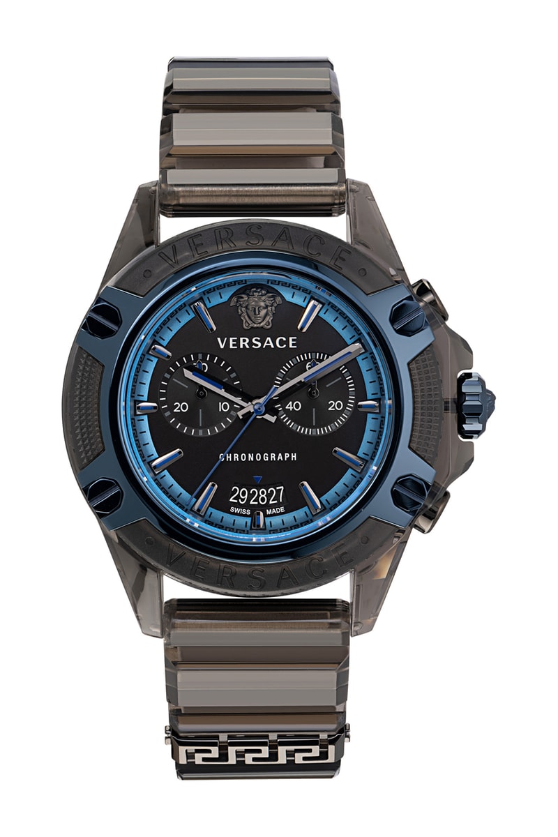 Unboxing Versace All-New Icon Active Timepieces Fall/Winter Collection 2021 Spring/Summer Collection 2022 Chronograph Hour Marker Dial Hands Strap Lugs Case Bezel Gold-Toned Medusa Versace Logo Branding Lettering 3D Graphic Design Accents Black Lilac Orange Water-Resistant Calendar Window Crown Pusher Chrono Quartz Case Camouflage Screen Print Urban Contemporary Silk Foulard RONDA 5021.D 