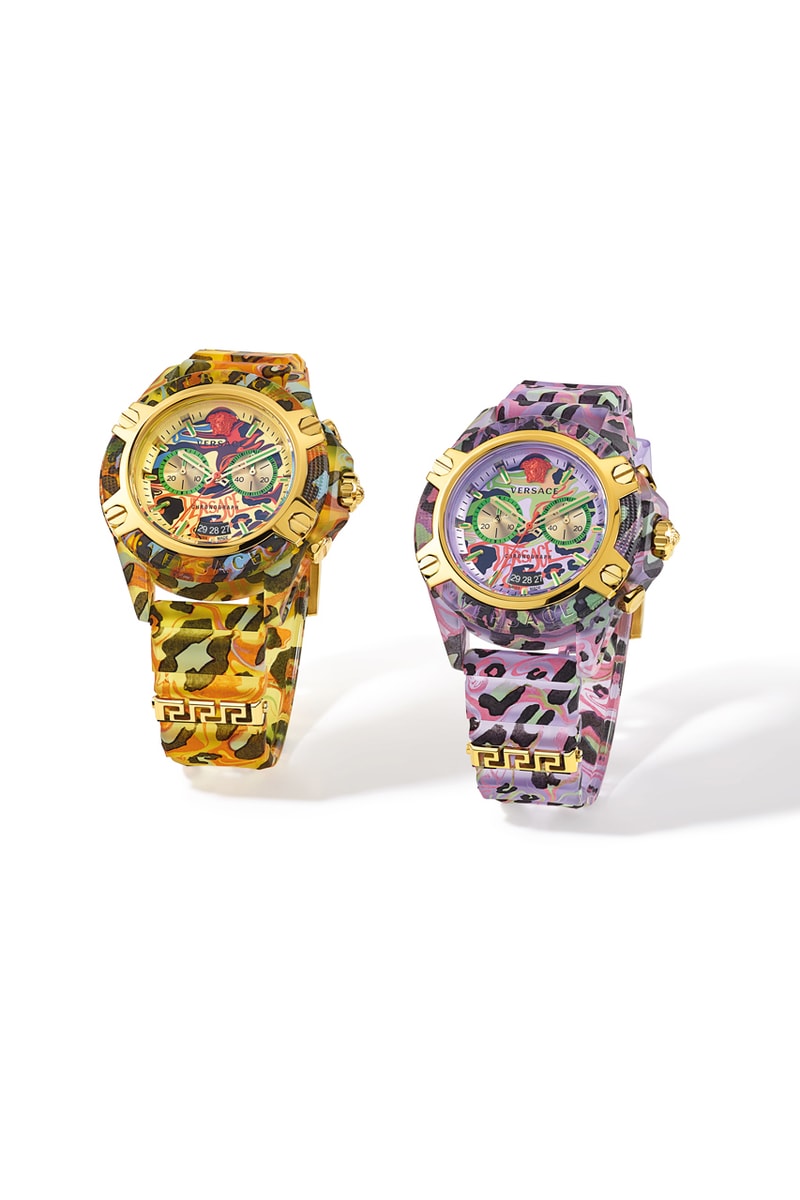 Unboxing Versace All-New Icon Active Timepieces Fall/Winter Collection 2021 Spring/Summer Collection 2022 Chronograph Hour Marker Dial Hands Strap Lugs Case Bezel Gold-Toned Medusa Versace Logo Branding Lettering 3D Graphic Design Accents Black Lilac Orange Water-Resistant Calendar Window Crown Pusher Chrono Quartz Case Camouflage Screen Print Urban Contemporary Silk Foulard RONDA 5021.D 