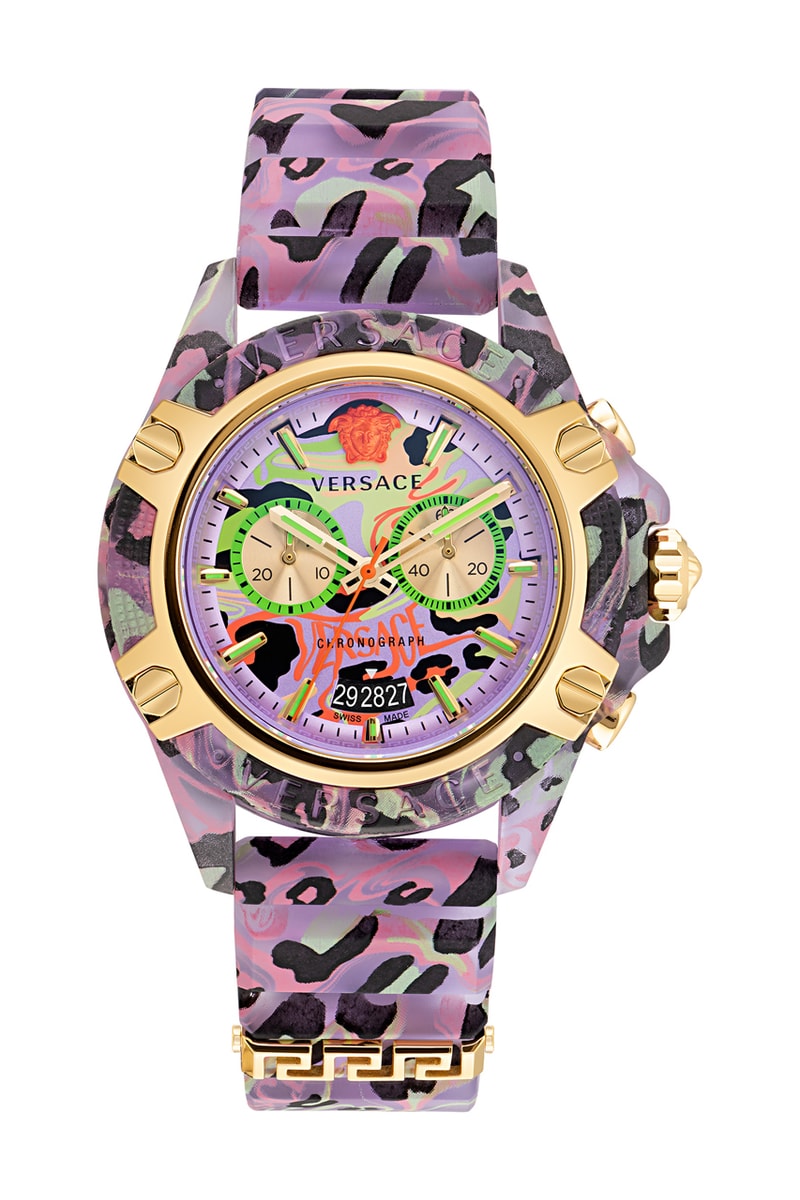 Unboxing Versace All-New Icon Active Timepieces Fall/Winter Collection 2021 Spring/Summer Collection 2022 Chronograph Hour Marker Dial Hands Strap Lugs Case Bezel Gold-Toned Medusa Versace Logo Branding Lettering 3D Graphic Design Accents Black Lilac Orange Water-Resistant Calendar Window Crown Pusher Chrono Quartz Case Camouflage Screen Print Urban Contemporary Silk Foulard RONDA 5021.D 