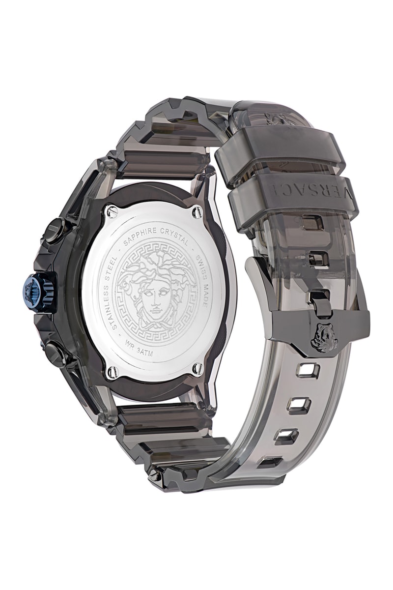 Unboxing Versace All-New Icon Active Timepieces Fall/Winter Collection 2021 Spring/Summer Collection 2022 Chronograph Hour Marker Dial Hands Strap Lugs Case Bezel Gold-Toned Medusa Versace Logo Branding Lettering 3D Graphic Design Accents Black Lilac Orange Water-Resistant Calendar Window Crown Pusher Chrono Quartz Case Camouflage Screen Print Urban Contemporary Silk Foulard RONDA 5021.D 