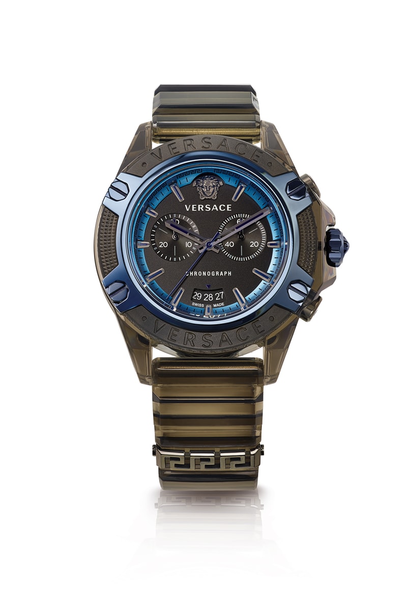 Unboxing Versace All-New Icon Active Timepieces Fall/Winter Collection 2021 Spring/Summer Collection 2022 Chronograph Hour Marker Dial Hands Strap Lugs Case Bezel Gold-Toned Medusa Versace Logo Branding Lettering 3D Graphic Design Accents Black Lilac Orange Water-Resistant Calendar Window Crown Pusher Chrono Quartz Case Camouflage Screen Print Urban Contemporary Silk Foulard RONDA 5021.D 