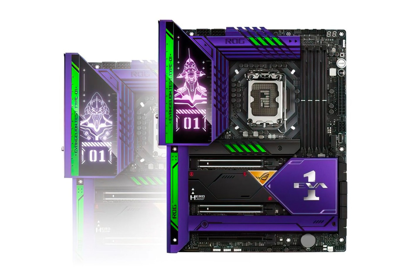 Asus republic of gamers rog evangelion unit 01 purple green ROG MAXIMUS Z690 HERO motherboard ROG STRIX RTX 3090 graphics card release info