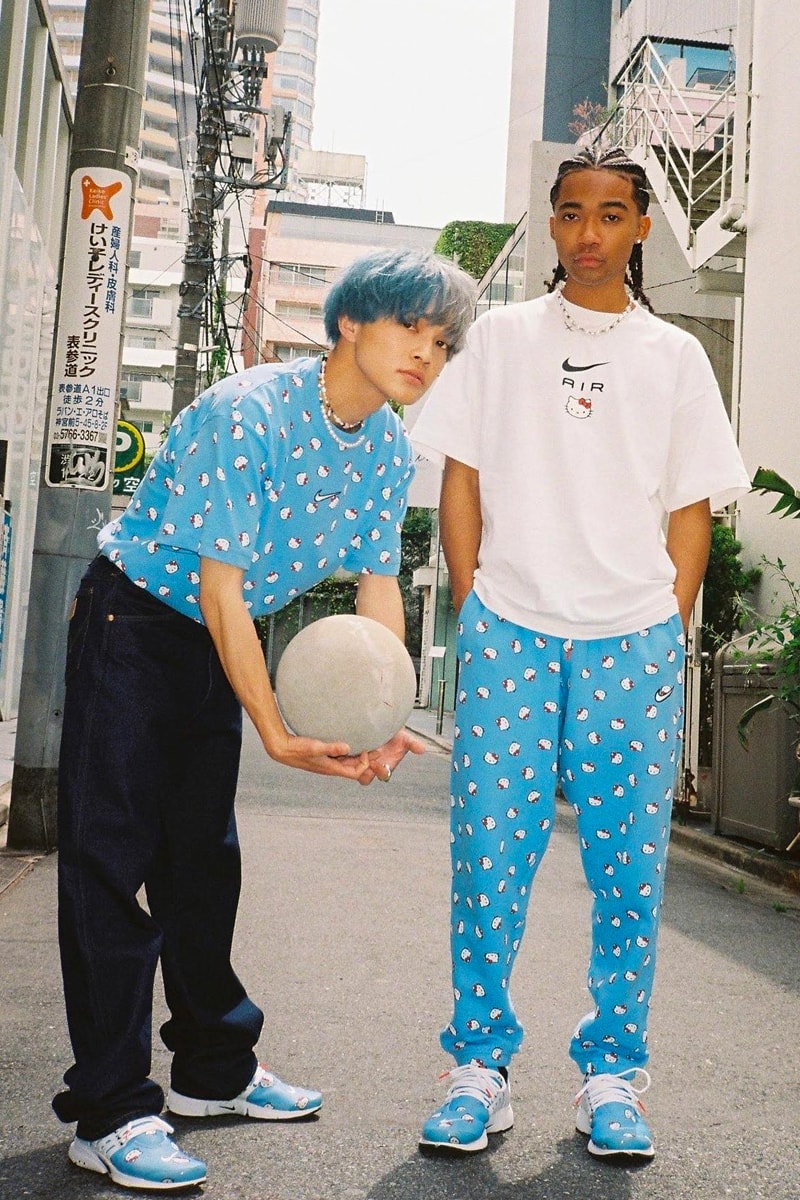 atmos Hello Kitty Nike Collection Lookbook japanese shoe store sky blue face sweatpants hoodie white tee release info date