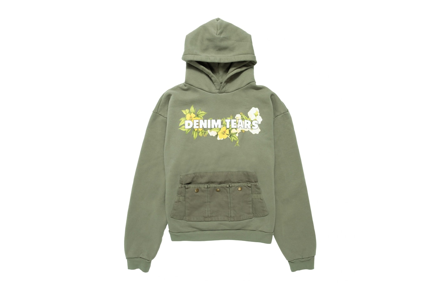 Denim Tears and Flan Labs Release a Gardening Hoodie in Support of Edible Schoolyard NYC olive green flowers fountain have you been good to yourself release info