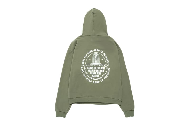 Denim Tears and Flan Labs Release a Gardening Hoodie in Support of Edible Schoolyard NYC olive green flowers fountain have you been good to yourself release info