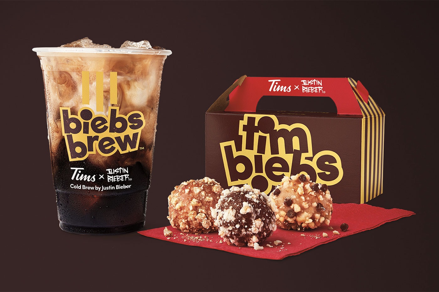 Justin Bieber and Tim Hortons to Launch Biebs Brew french vanilla cold brew coffee timbiebs timbits birthday cake waffle chocolate white fudge sour cream chocolate chip 