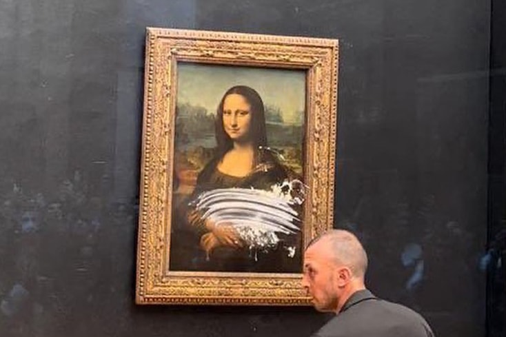 man dressed as old lady throws cake at mona lisa The Caked By Disguised Woman priority-05-midsummer-lace-round-neck-gown-champagne