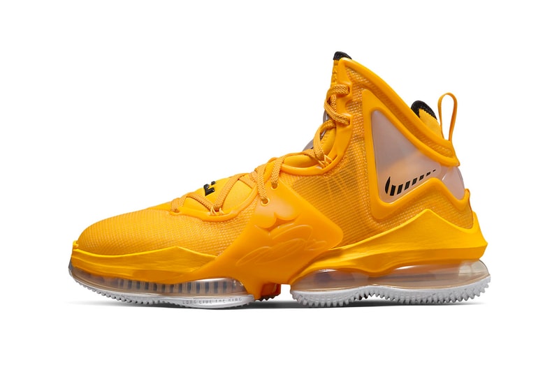 The Nike LeBron 19 Releases in a Bold New "Hard Hat" Colorway CZ0203-700 contruction bob the builder lebron james los angeles lakers gold purple yellow basketball shoes off-court black yellow