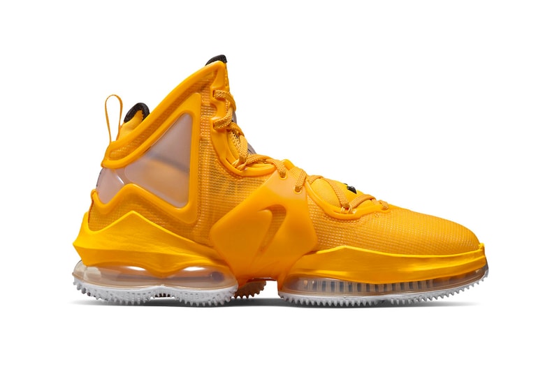 The Nike LeBron 19 Releases in a Bold New "Hard Hat" Colorway CZ0203-700 contruction bob the builder lebron james los angeles lakers gold purple yellow basketball shoes off-court black yellow