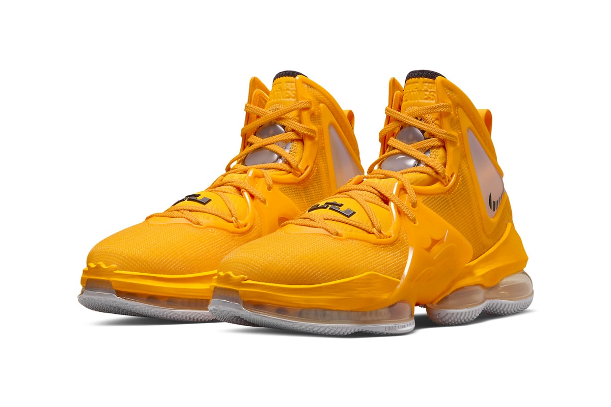 The Nike LeBron 19 Releases in a Bold New "Hard Hat" Colorway CZ0203-700 contruction bob the builder lebron james los angeles lakers gold purple yellow basketball shoes off-court black yellow