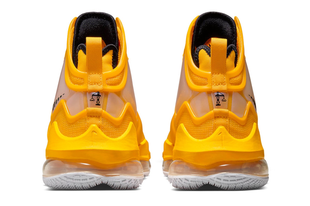 The Nike LeBron 19 Releases in a Bold New "Hard Hat" Colorway CZ0203-700 contruction bob the builder lebron james los angeles lakers gold purple yellow basketball shoes off-court black yellow