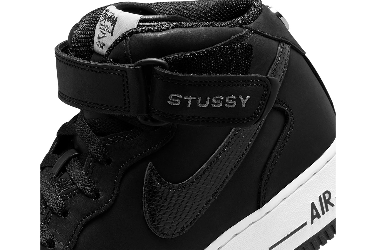 stussy nike air force 1 mid black white snakeskin DJ7840 002 release date info store list buying guide photos price 