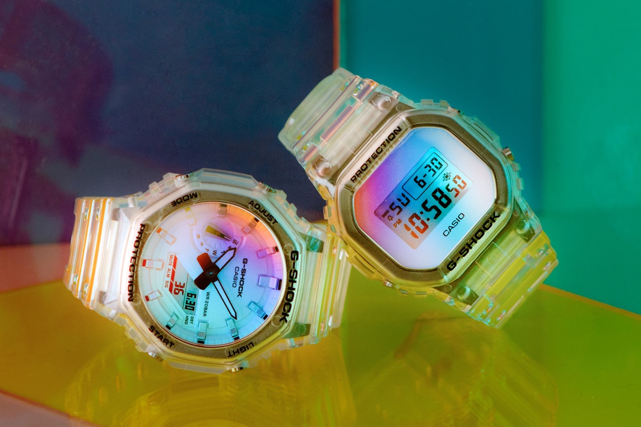 G-SHOCK Iridescent Color Series Watches Timepieces DW-5600SR-1 GM-110MF-1A GA-110SR-1A GA-2100SR-1A GA-2100SRS-7A Neobrite Lume Super Illuminator LED Display Metallic Hour Markers Gradient Crystal Rainbow Vapor Deposition