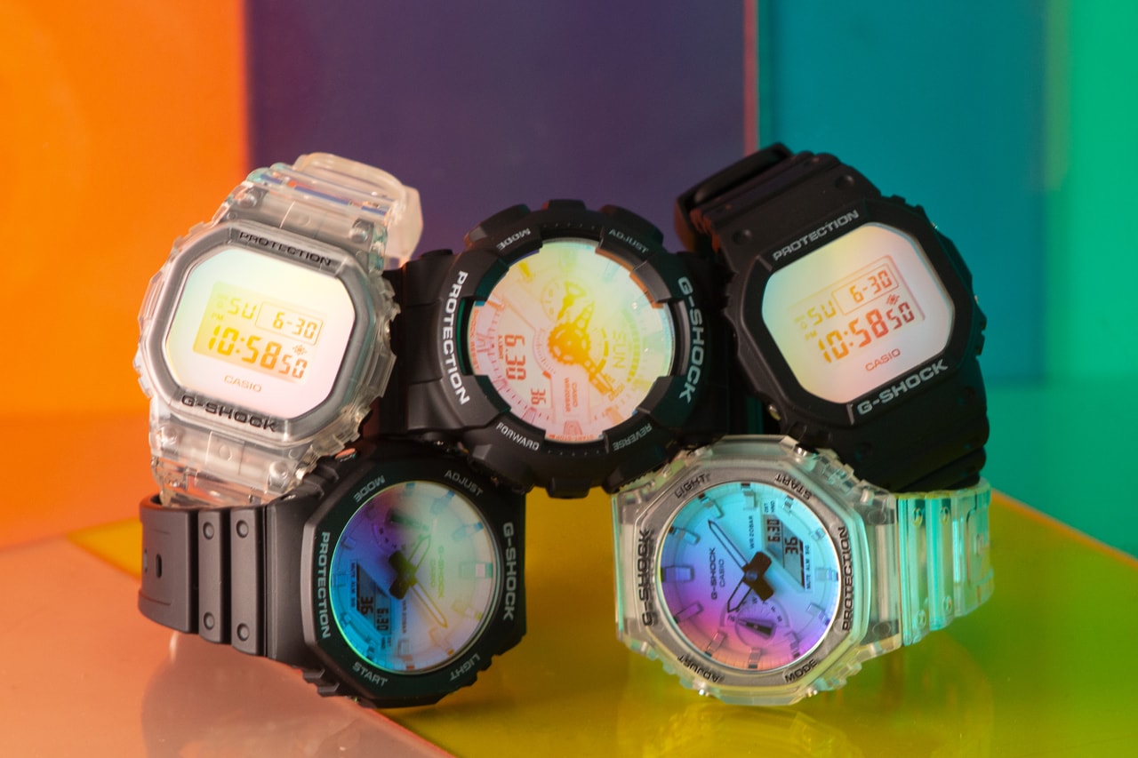 G-SHOCK Iridescent Color Series Watches Timepieces DW-5600SR-1 GM-110MF-1A GA-110SR-1A GA-2100SR-1A GA-2100SRS-7A Neobrite Lume Super Illuminator LED Display Metallic Hour Markers Gradient Crystal Rainbow Vapor Deposition