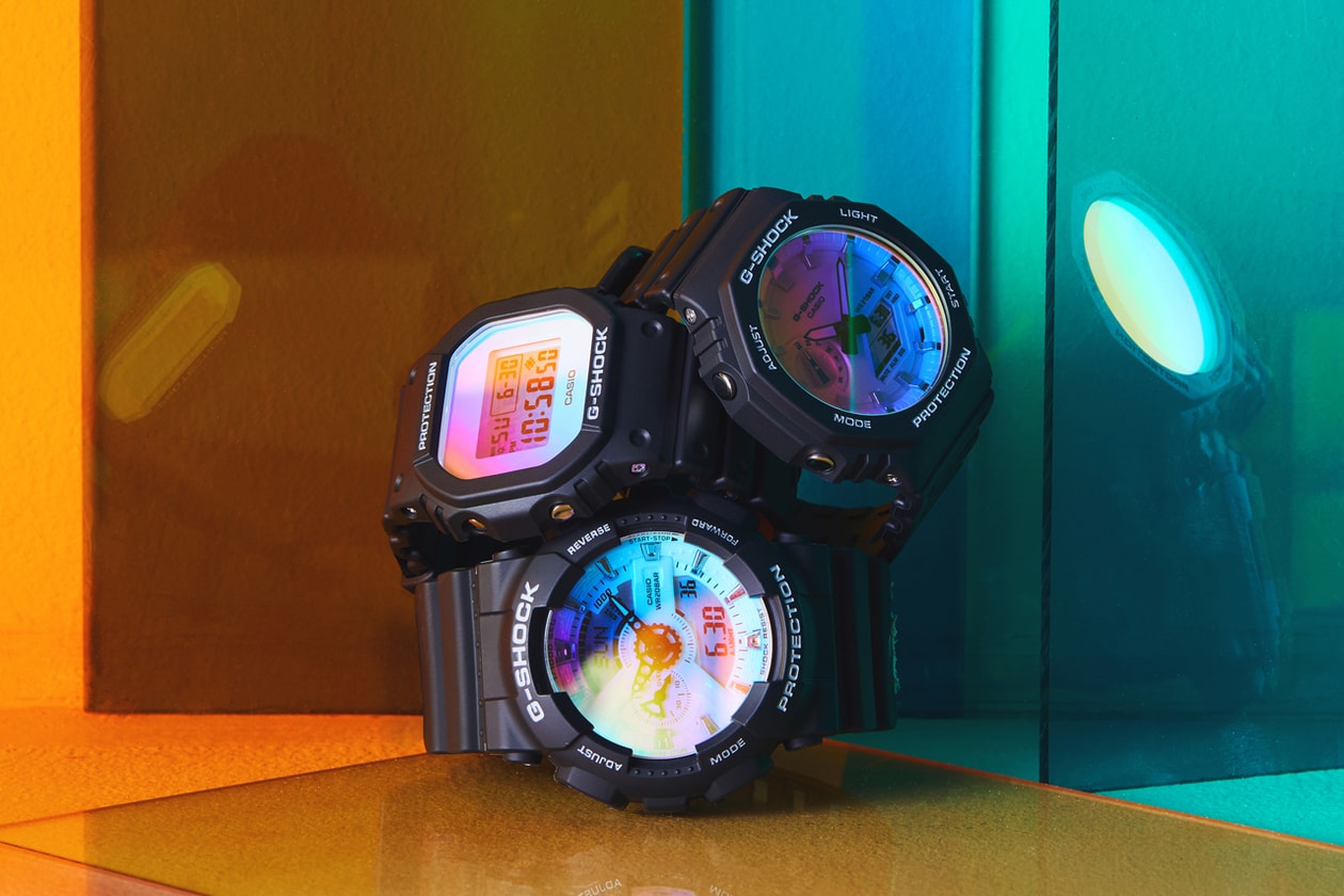 G-SHOCK Iridescent Color Series Watches Timepieces DW-5600SR-1 GM-110MF-1A GA-110SR-1A GA-2100SR-1A GA-2100SRS-7A Neobrite Lume Super Illuminator LED Display Metallic Hour Markers Gradient Crystal Rainbow Vapor Deposition