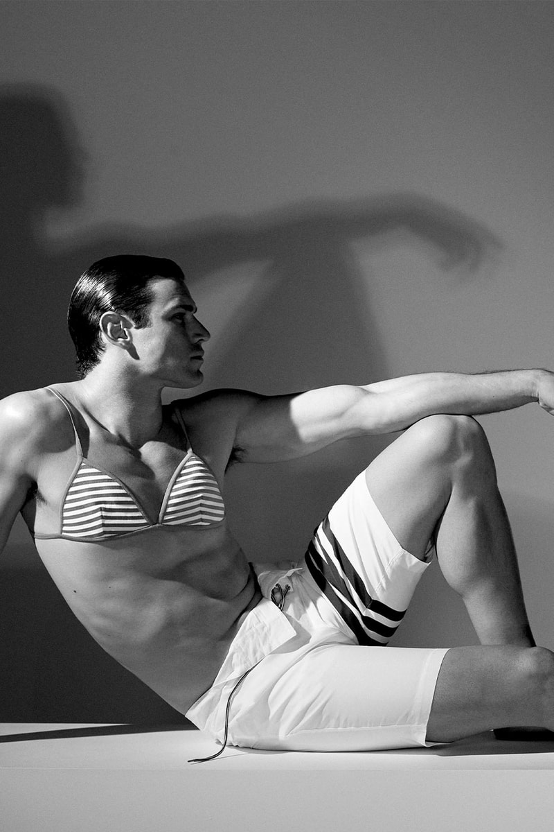 Take a Dip With Thom Browne in Its Inaugural Swim Campaign richard phibbs chalelnging gender codes swimwear bikini board shorts swimsuit