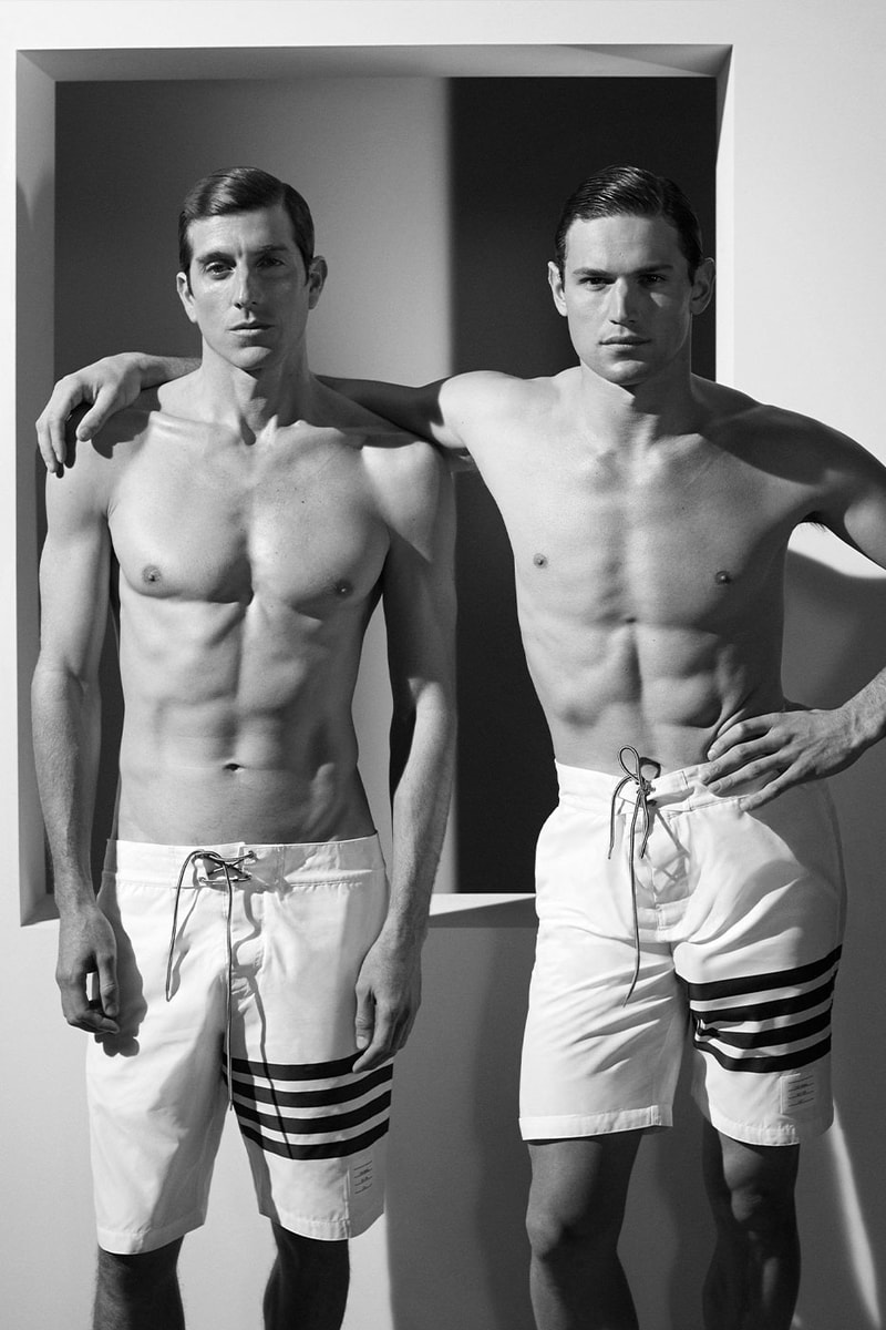 Take a Dip With Thom Browne in Its Inaugural Swim Campaign richard phibbs chalelnging gender codes swimwear bikini board shorts swimsuit