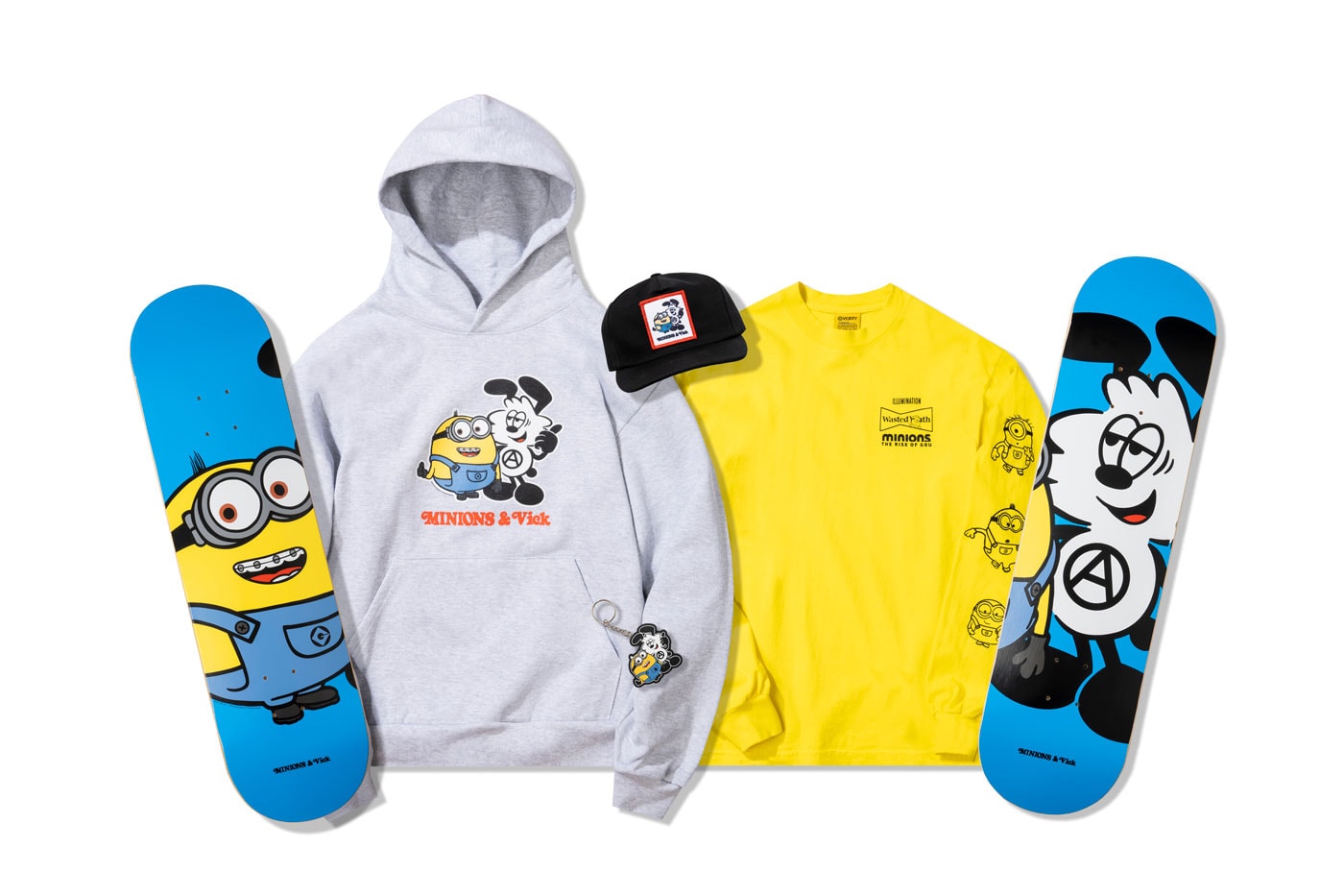 Verdy Minions yellow launch secomnd capsule collection skateboards hoodies shirts hats caps girls don't cry wasted youth tulip release info date price