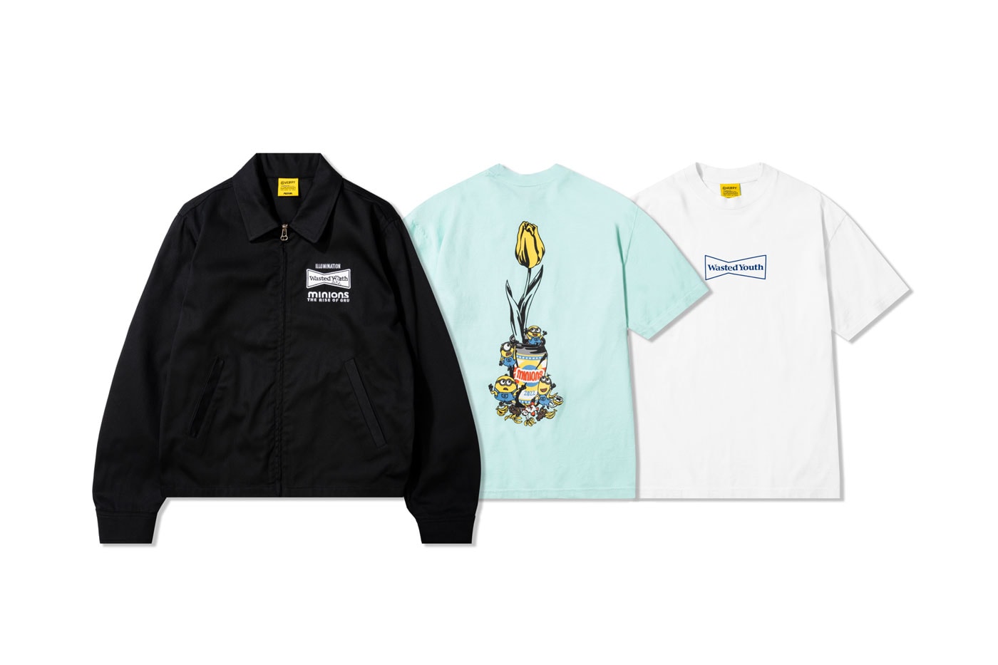 Verdy Minions yellow launch secomnd capsule collection skateboards hoodies shirts hats caps girls don't cry wasted youth tulip release info date price