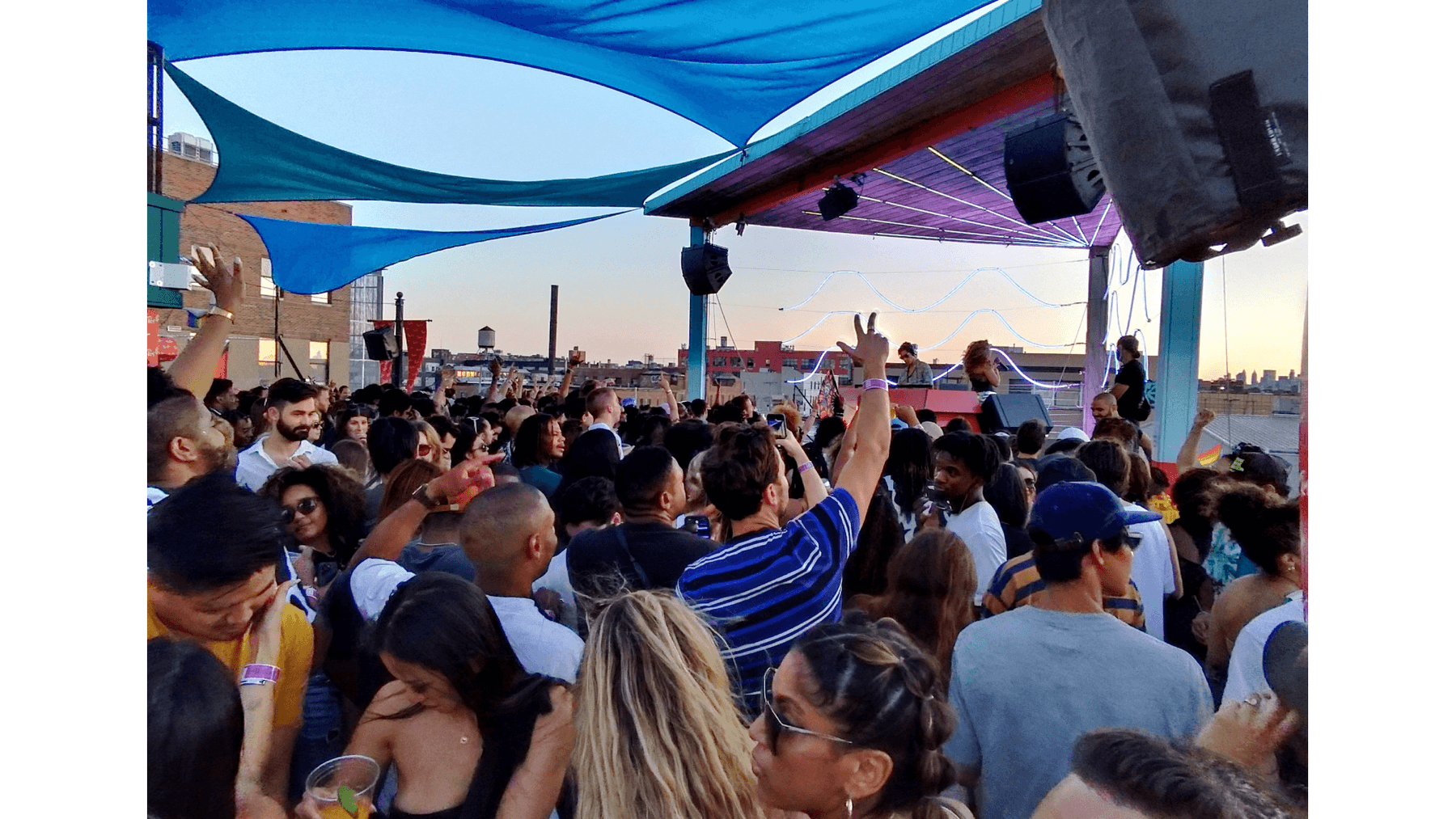 smart glasses partnership dance floor dancing dylan ali life on planets lion babe brooklyn roof top roof city skyline summer set DJ
